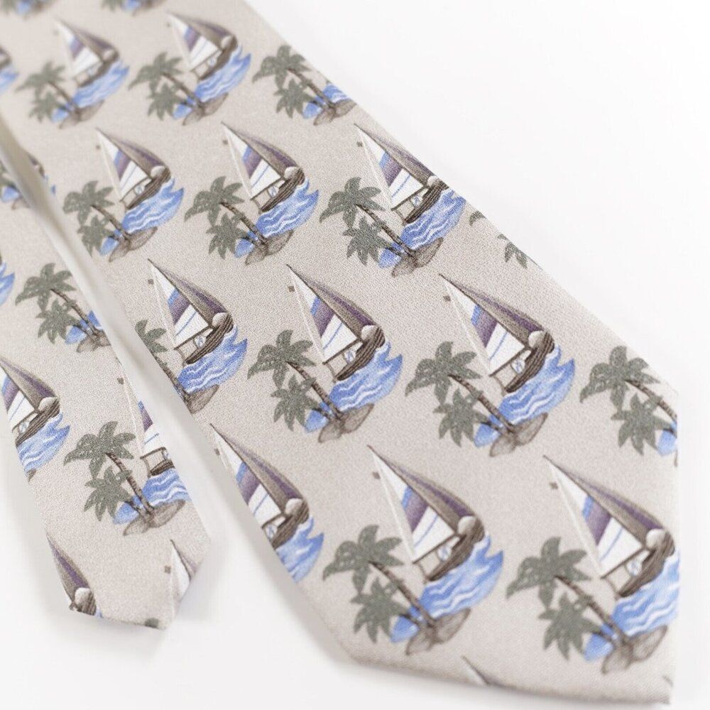 Tango Sand Beige Geometric‎ Novelty Island Sailboat Print Silk Tie